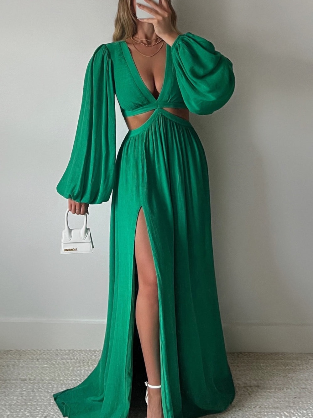 Green Showpo Paige Maxi Dress Cutout with Bishop Sleeves